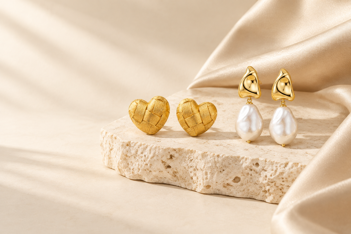 Jewellery banner with woven gold hearts and pearl drop earrings